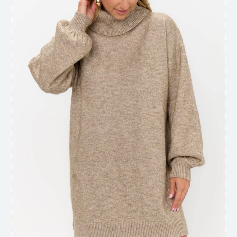 Show Me Your MuMu Neutral Taupe Cowl Turtleneck Sweater Mini Dress